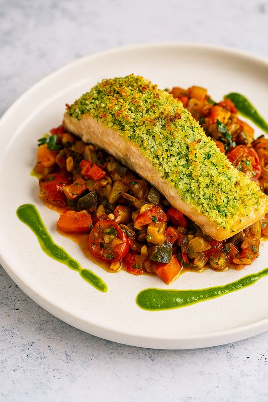 Panko Salmon with Ratatouille & Creamy Basil Emulsion Dip